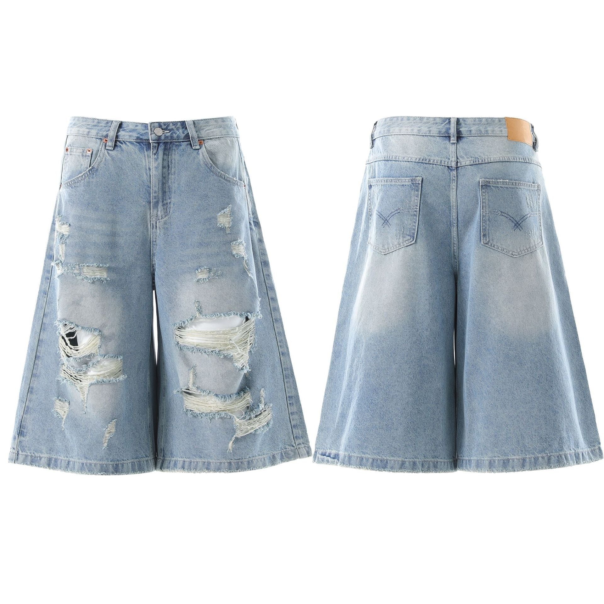 Wash Damage Straight Wide Leg Denim Jeans