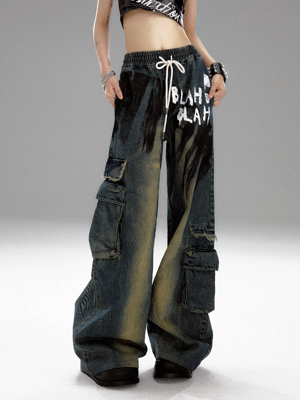 Washed Graffiti Wide-Leg Straight Dnim Jeans