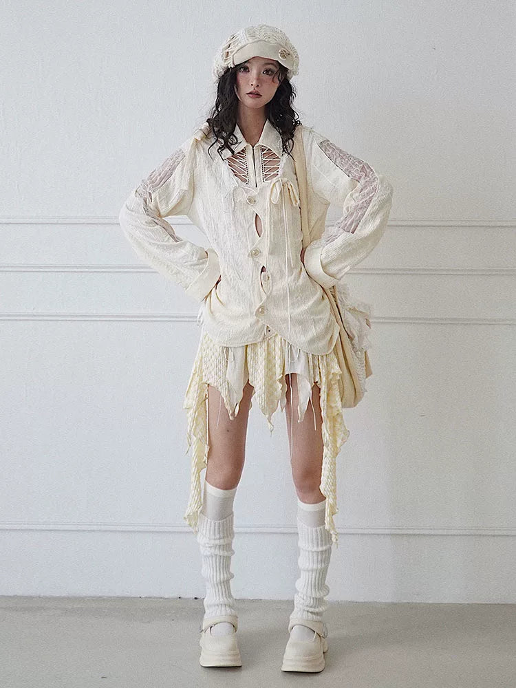 Textured Hollow-Out Tie-Strap Long Sleeve Shirt