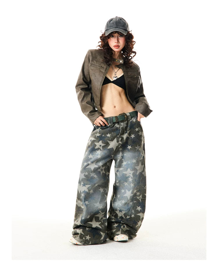 Star Print Damage Wide Leg Denim Jeans