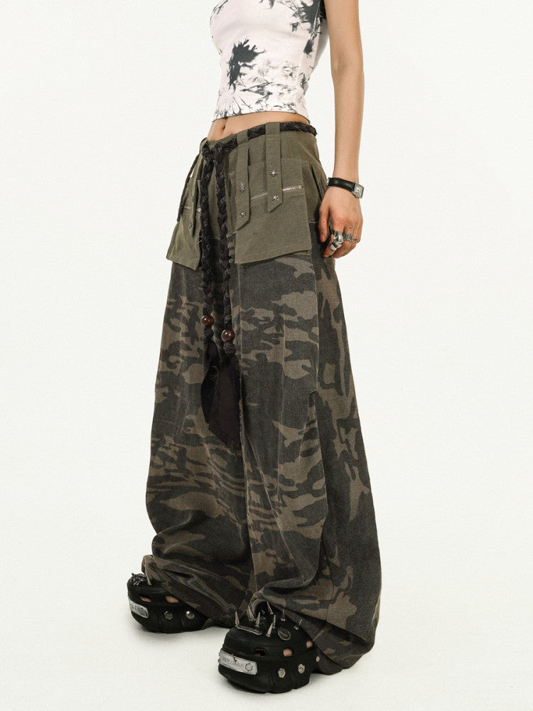 Heavy Craft Camouflage Multi-Pocket Wide Leg Cargo Pants
