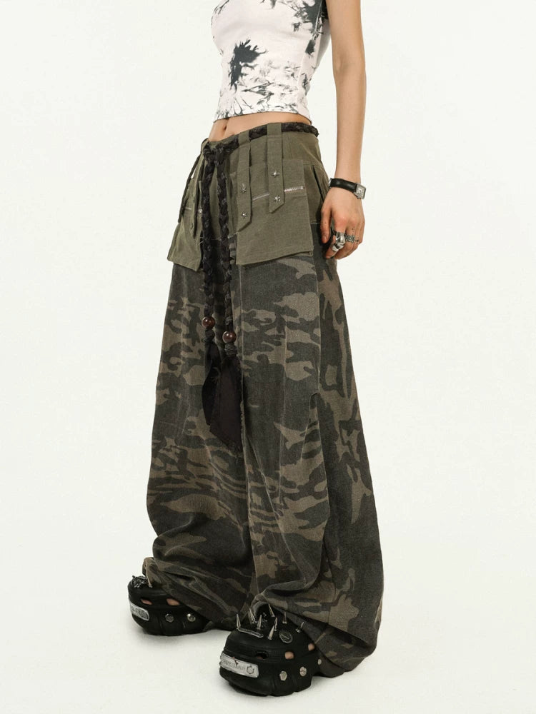 Heavy Craft Camouflage Multi-Pocket Wide Leg Cargo Pants