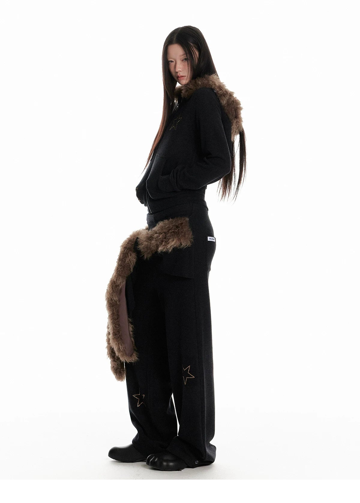 Horn Fur Collar Fuzzy Zipper Hoodie & Wide-Leg Pants Setup