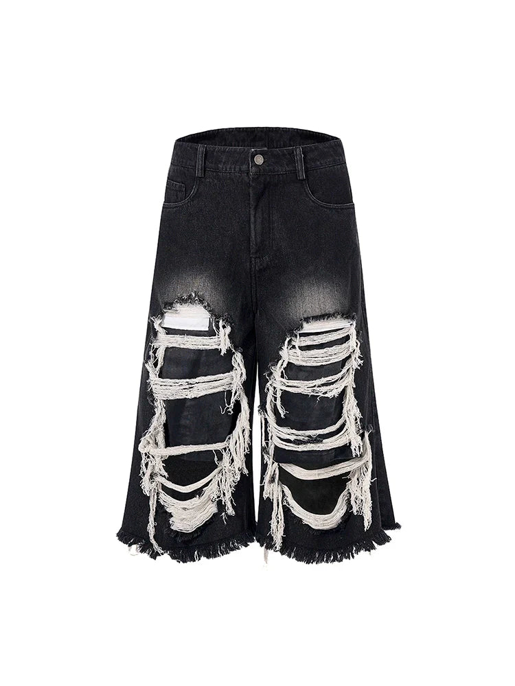 Washed Damage Patch Black Denim Short