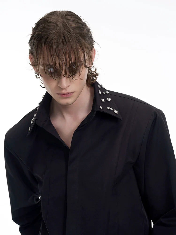 Handcrafted Rhinestone Patchwork Shoulder-Pad Long Sleeve Shirt