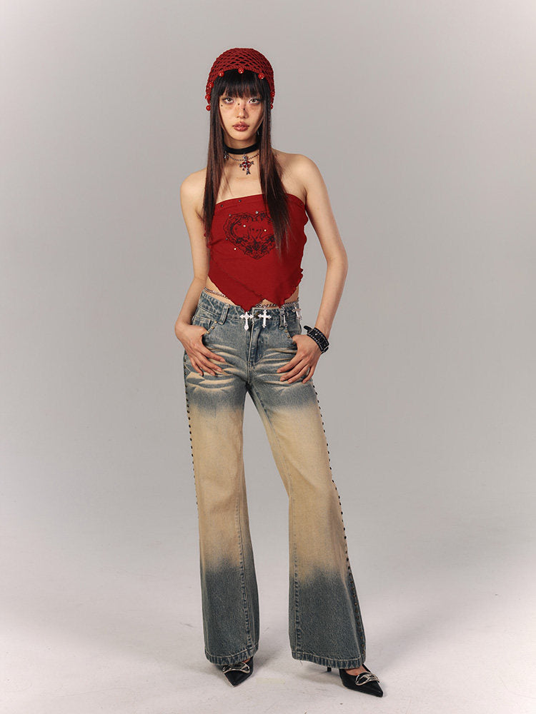 Washed Gradient Studs Detail Flare Denim Jeans