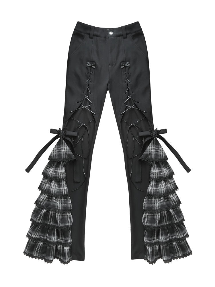 Plaid Tie Detail Tiered Pants