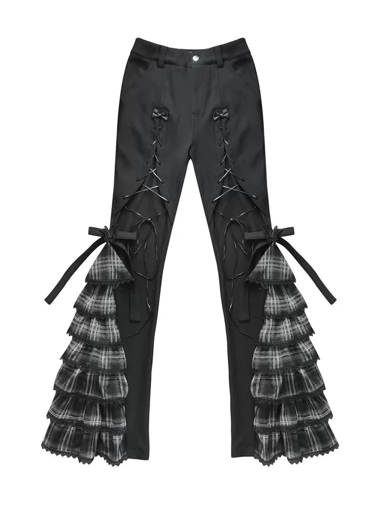 Plaid Tie Detail Tiered Pants