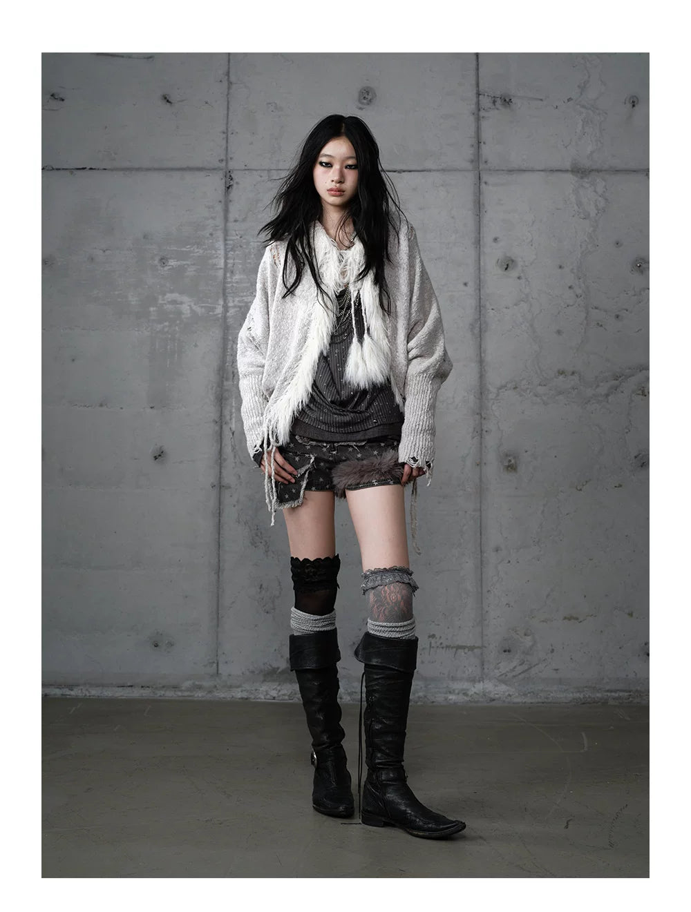 Fake Fur Trim Drawstring Oversize Knit Cardigan