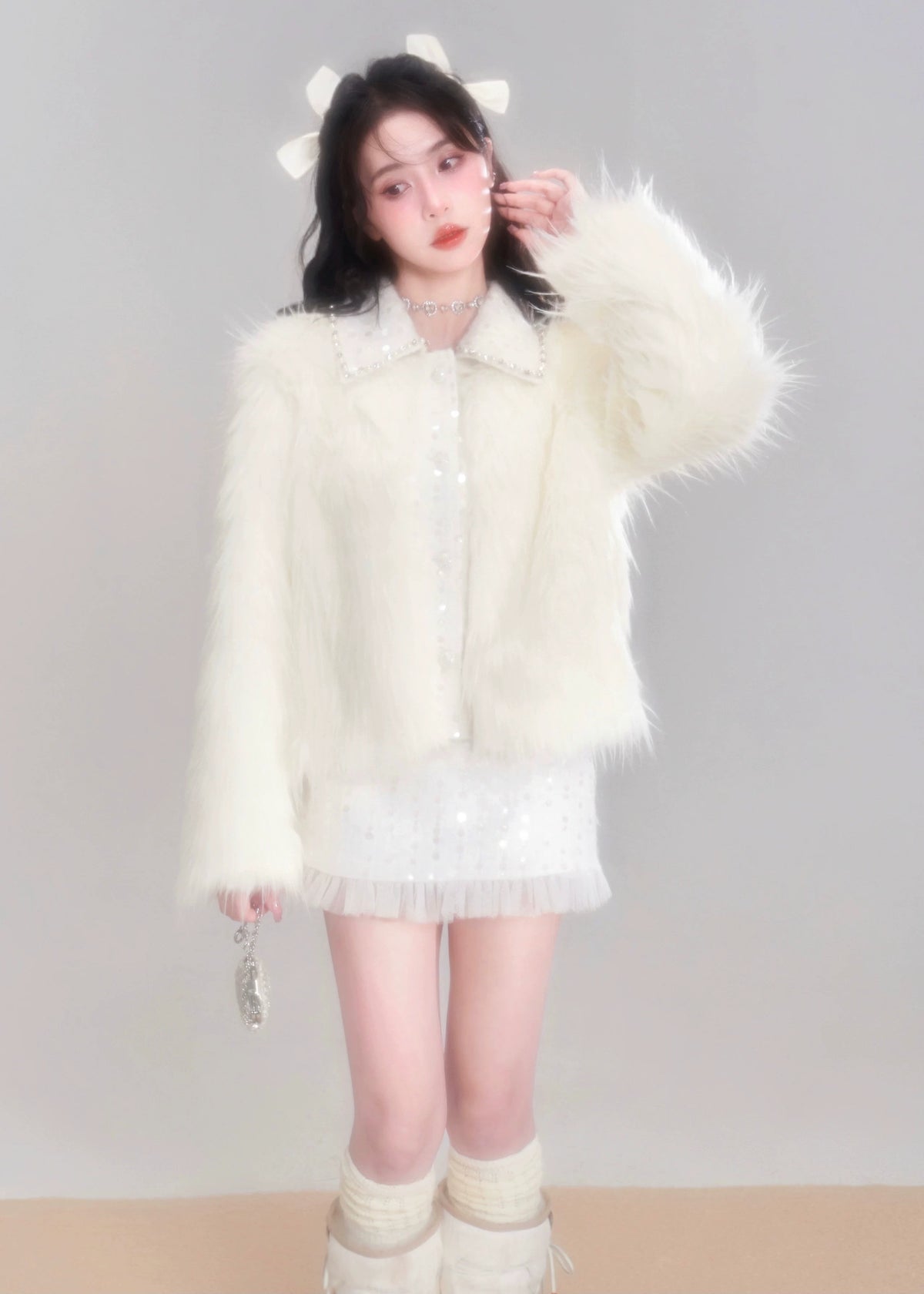 Eco Fur Warm Jacket & Short Skirt & Long Skirt Setup