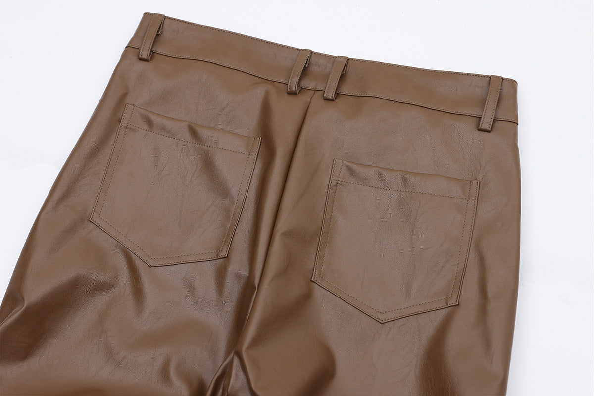 PU Leather Pleats Straight Pants