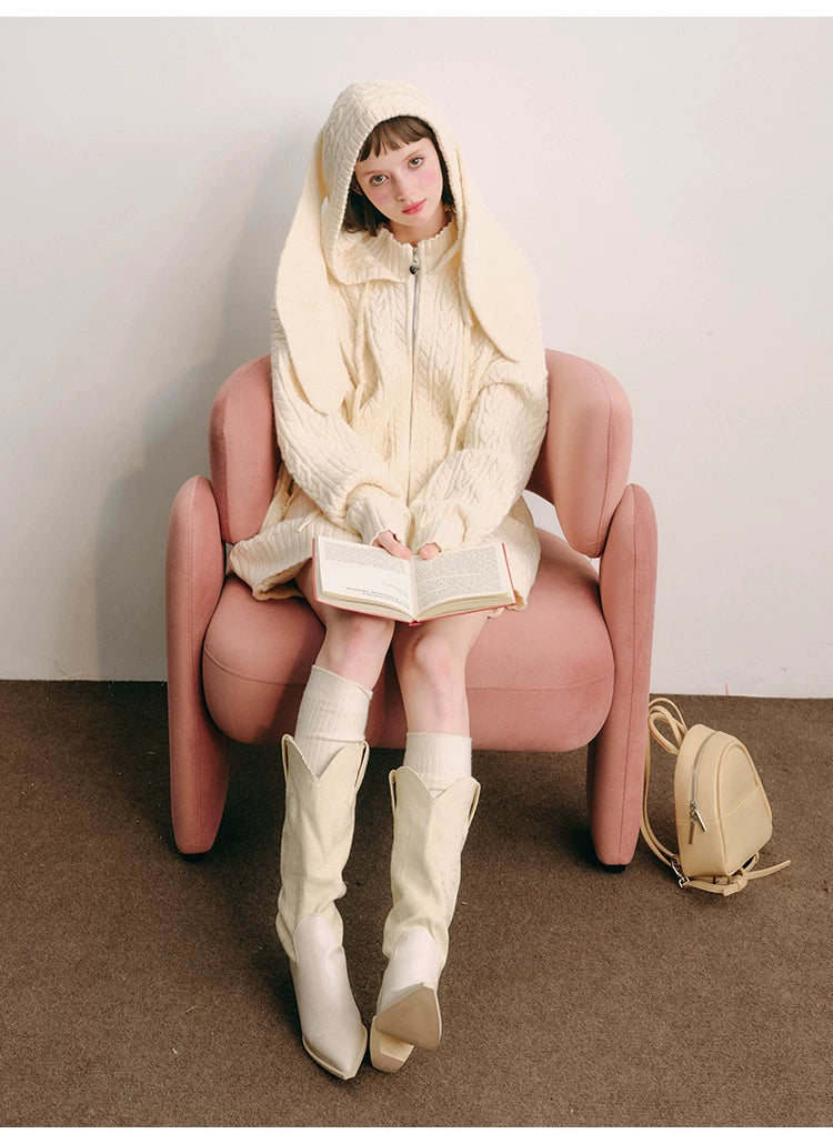 Bunny Hare Ear Hooded Zipper Knit Cardigan & Knit Skirt Setup