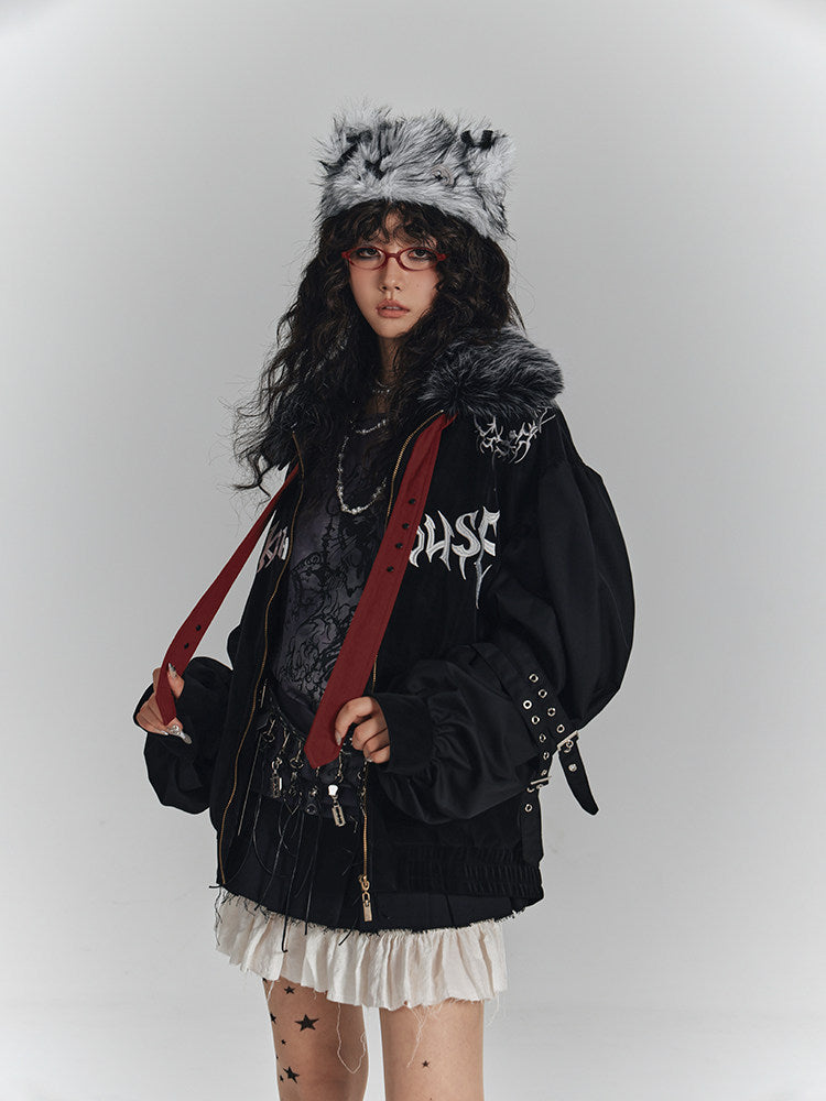 Embroidery Fur Collar Oversize Zipper Jacket