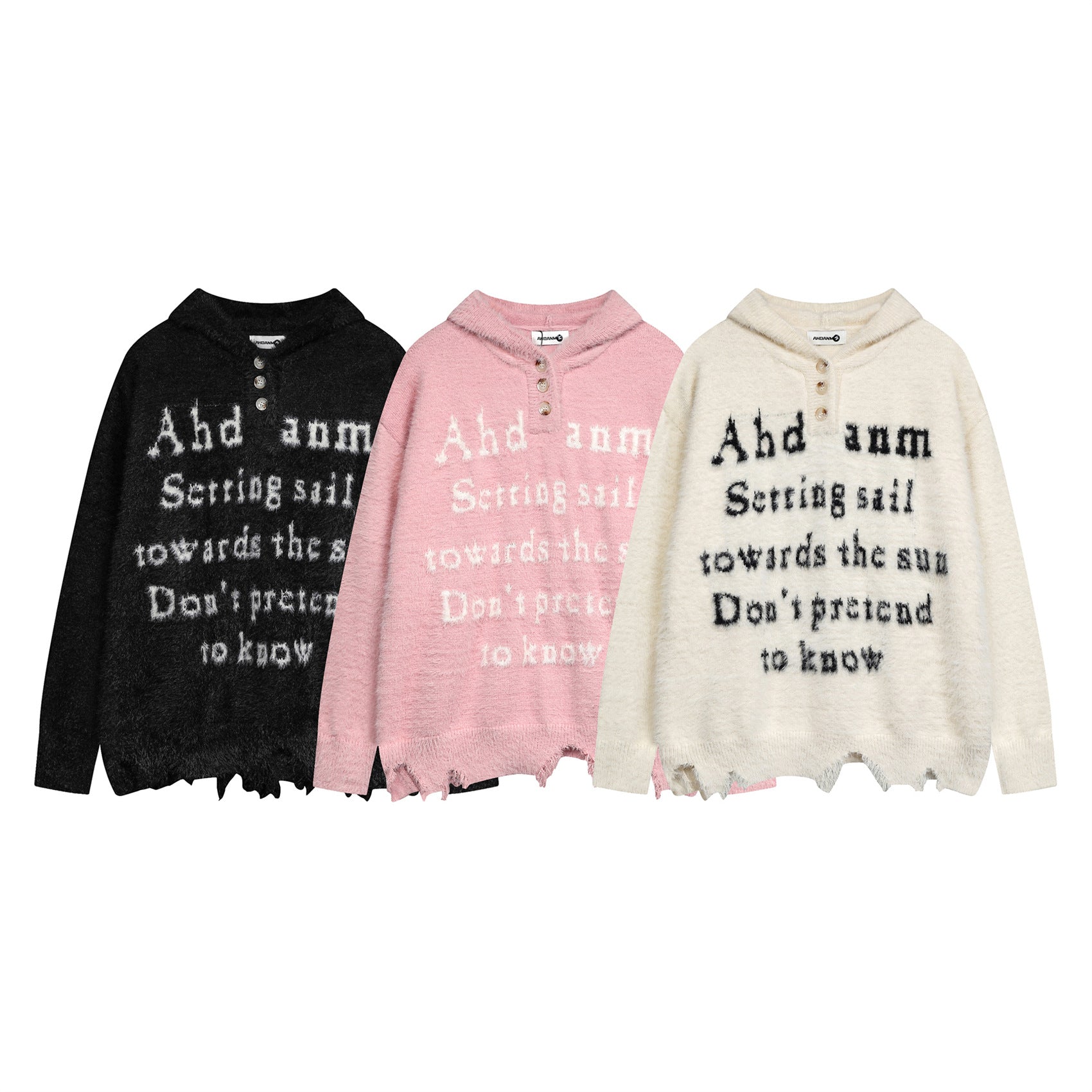 Letter Damage Oversize Knit Hoodie