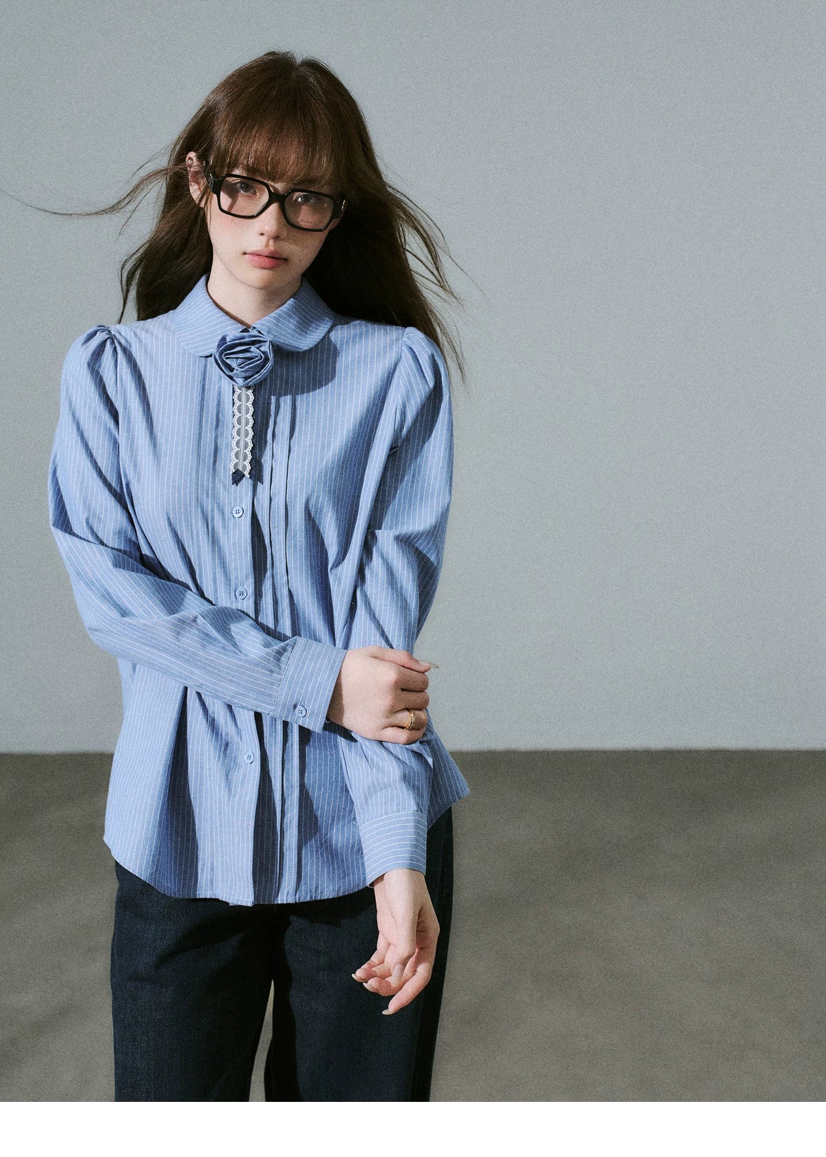 Lace & Flower Detail Stripe Long Sleeve Shirt