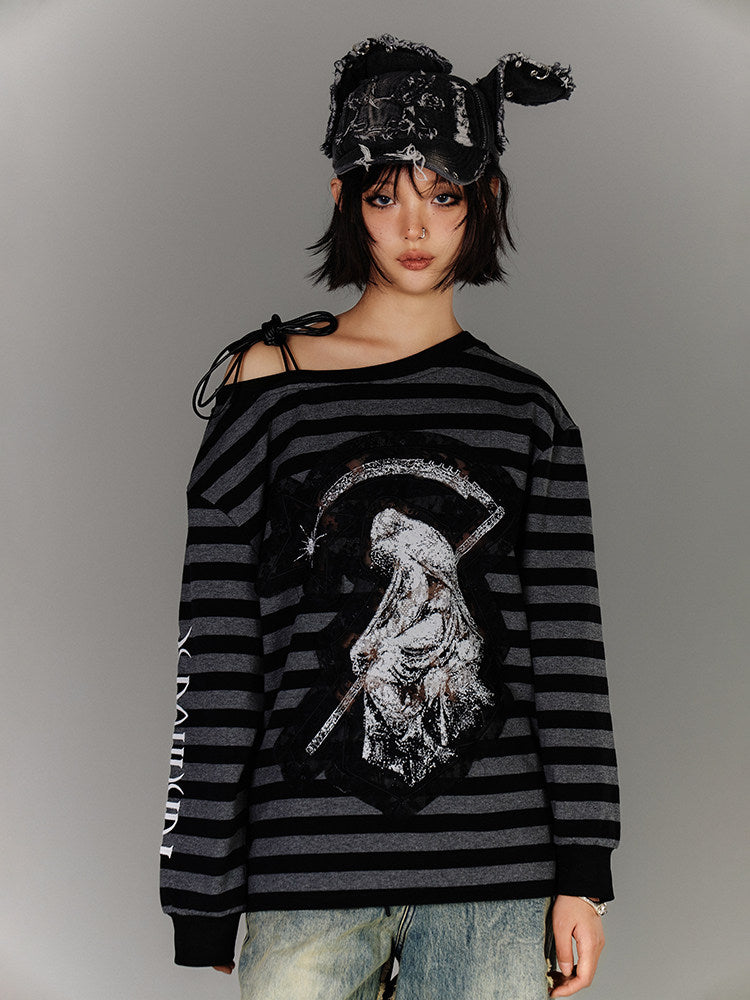 Off-Shoulder Drawstring Stripe Oversize Long Sleeve T-Shirt