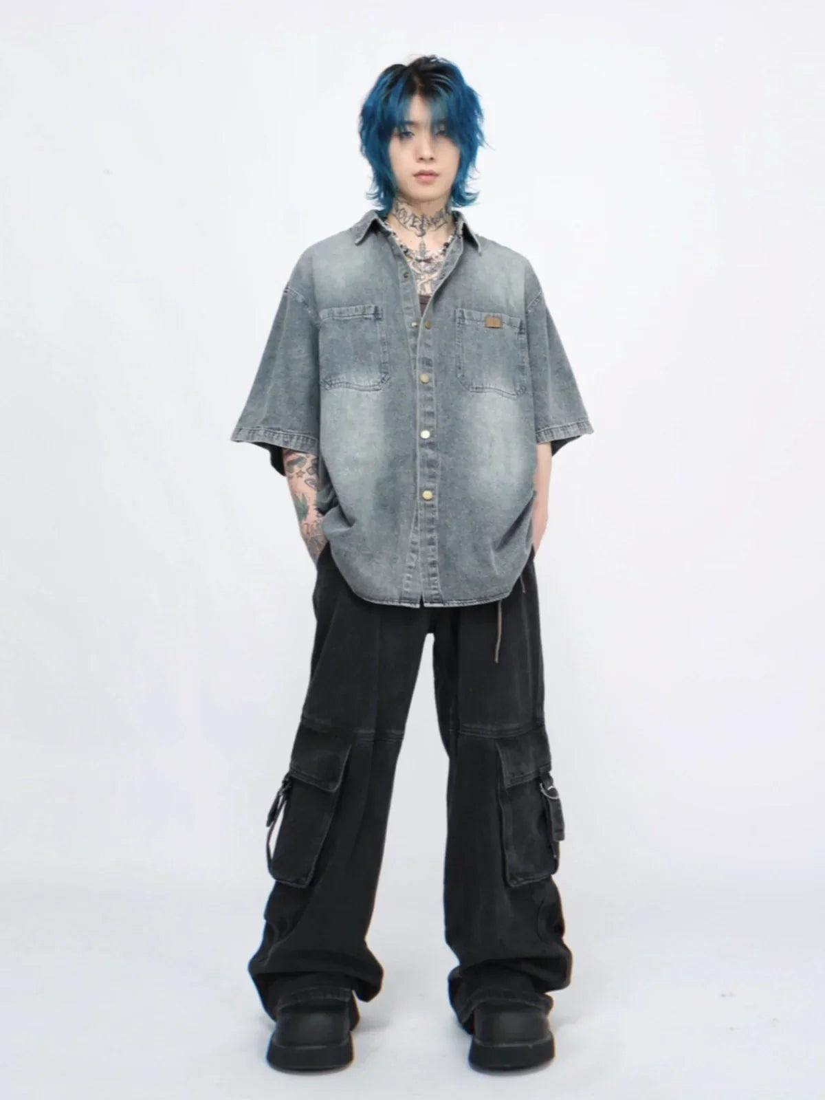 Washed Oversize Denim Short Sleeve Shirt
