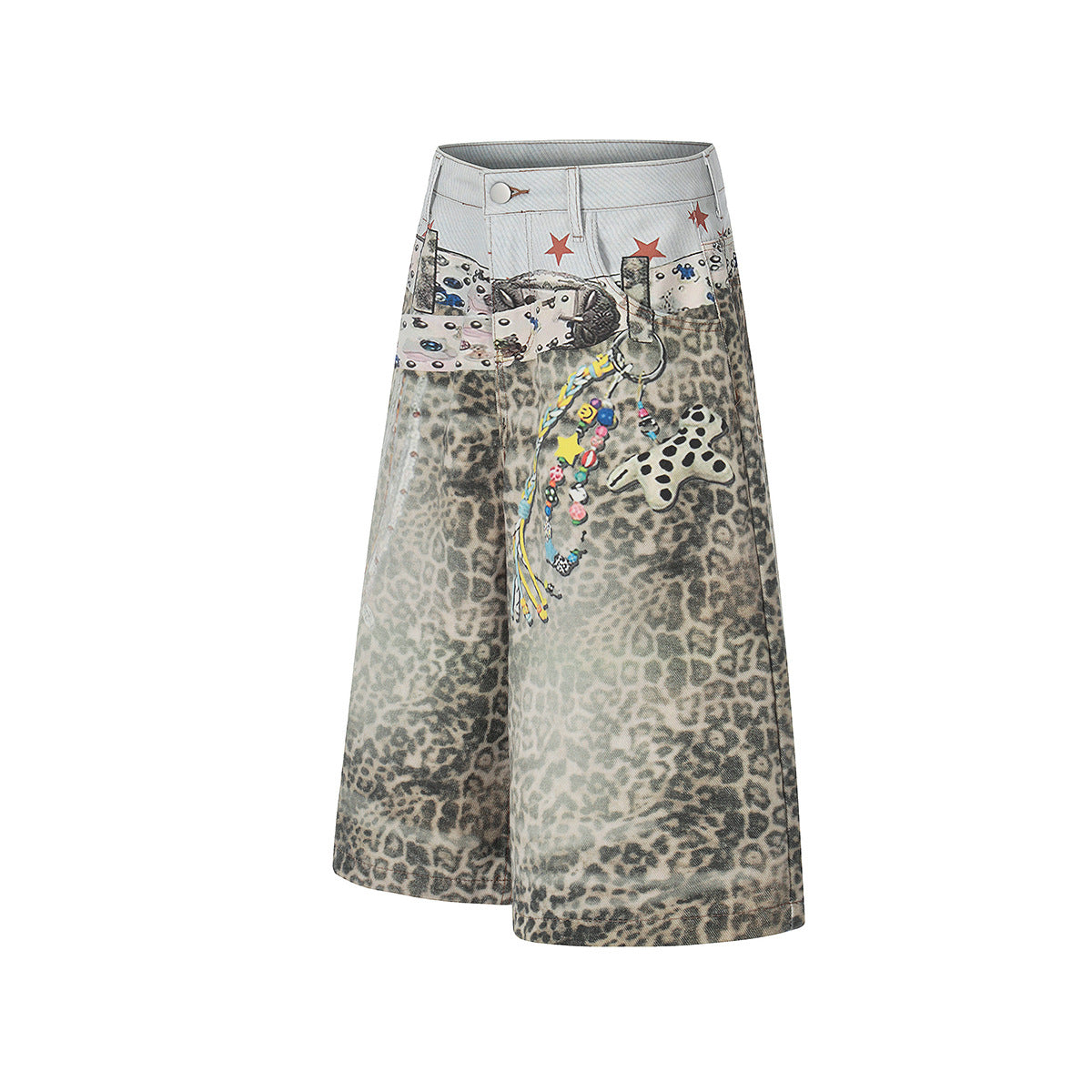 Allover Leopard Print Wide Leg Short Denim Jeans
