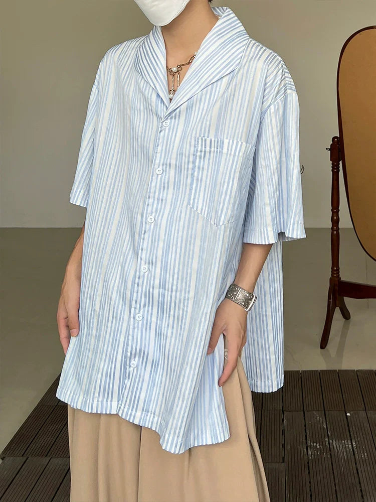 Stripe Irregular Cuban Collar Short Sleeve Shirt