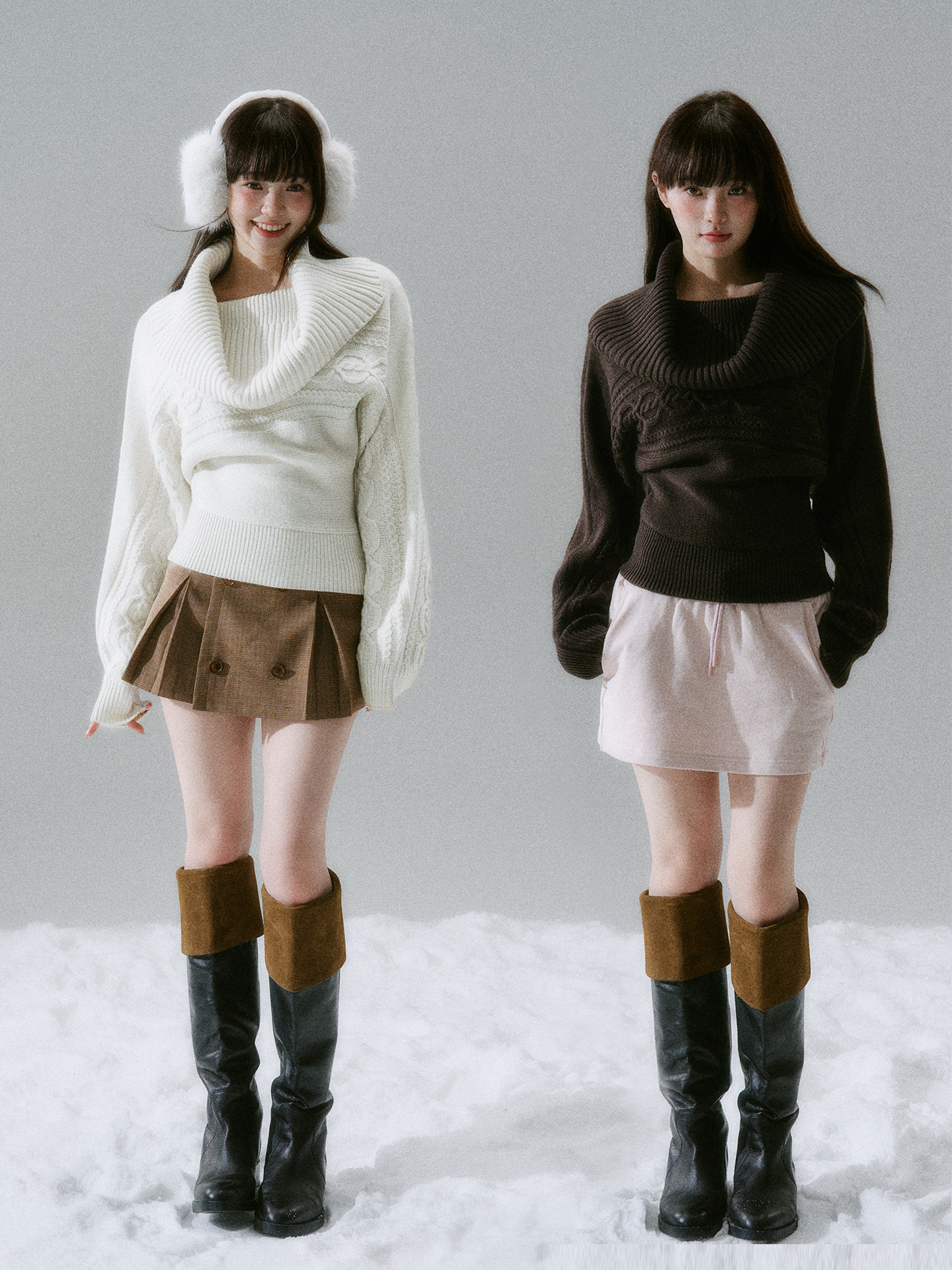 Ribbed Cowl Neck Cable Sleeve Knit Sweater