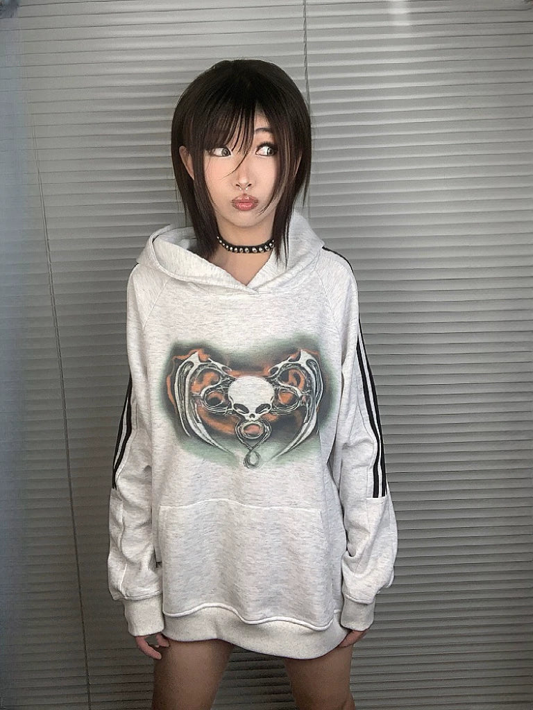Side Stripe Skull Print Pullover Hoodie