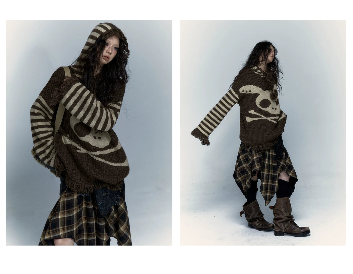 Skull Print Stripe Oversize Knit Hoodie