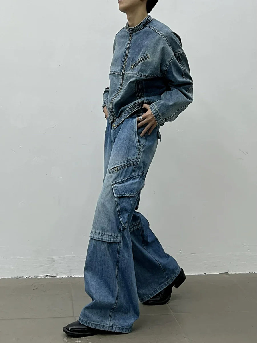 Standing-collar Short Denim Jacket & Wide-leg Cargo Denim Jeans Setup