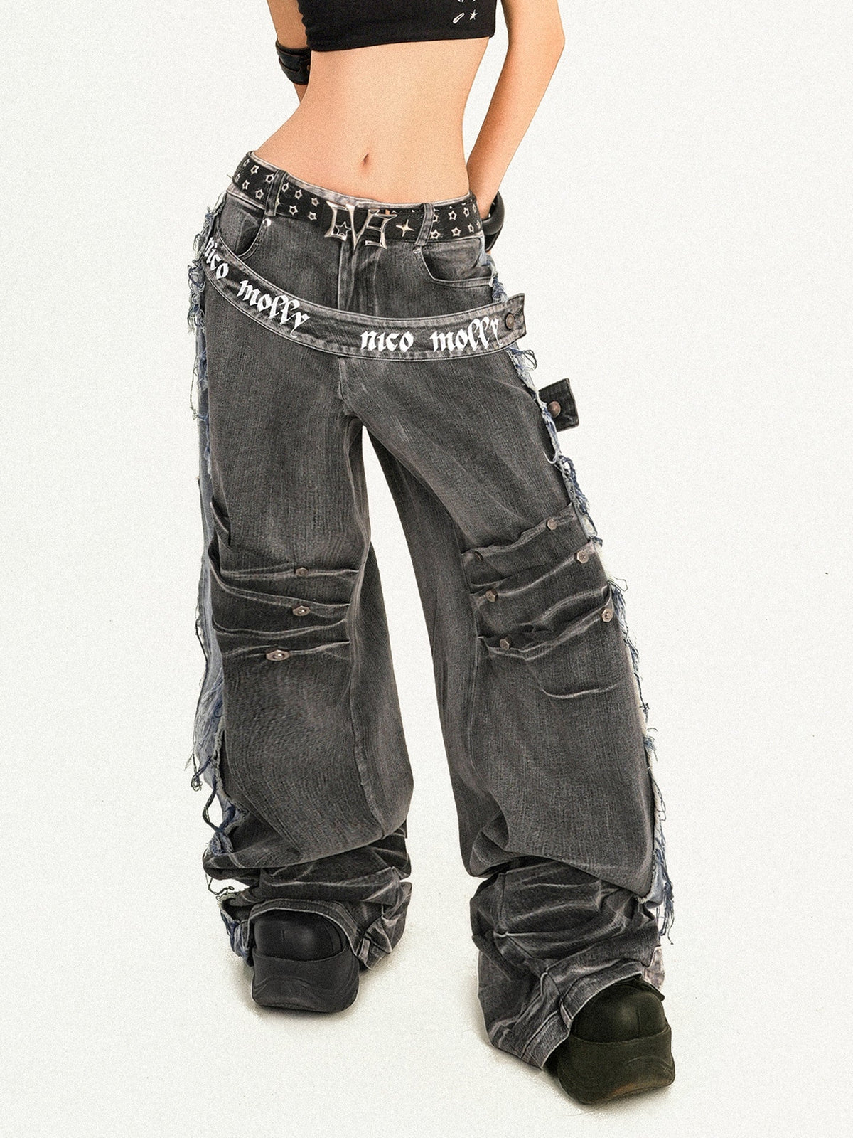 Damage Wash Raw Hem Wide Leg Denim Jeans