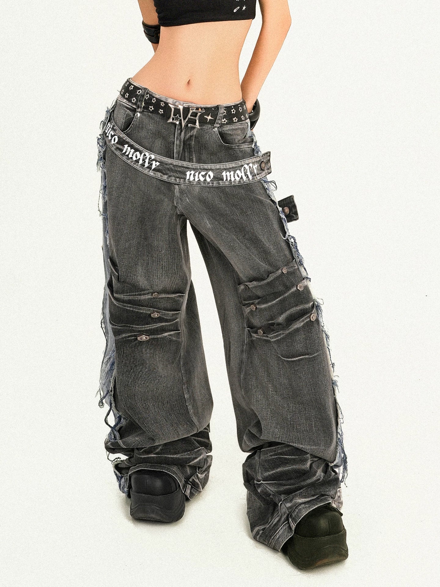 Damage Wash Raw Hem Wide Leg Denim Jeans