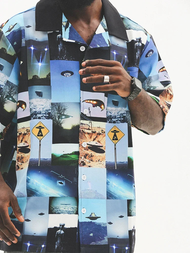 Camicia oversize a maniche corte con stampa grafica mista
