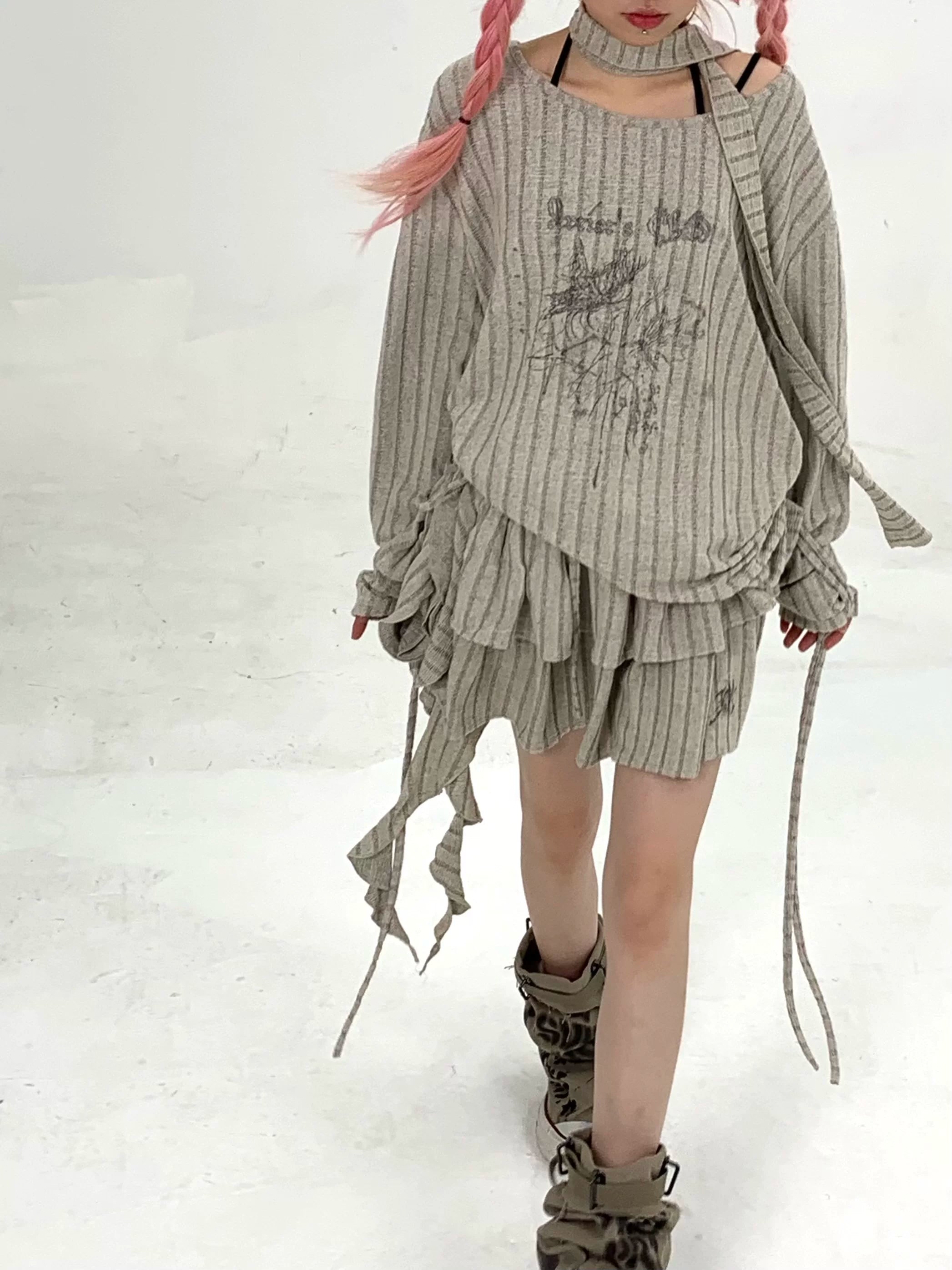 Ribbed Letter Print Strap Detail Oversize Knit Sweater