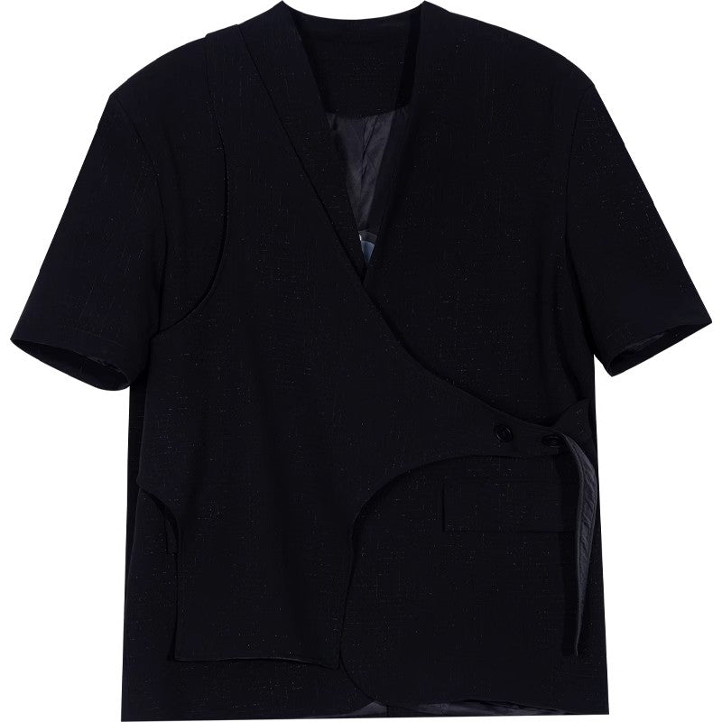 Short Sleeve Jacket & Wide-Leg Straight Trousers Setup