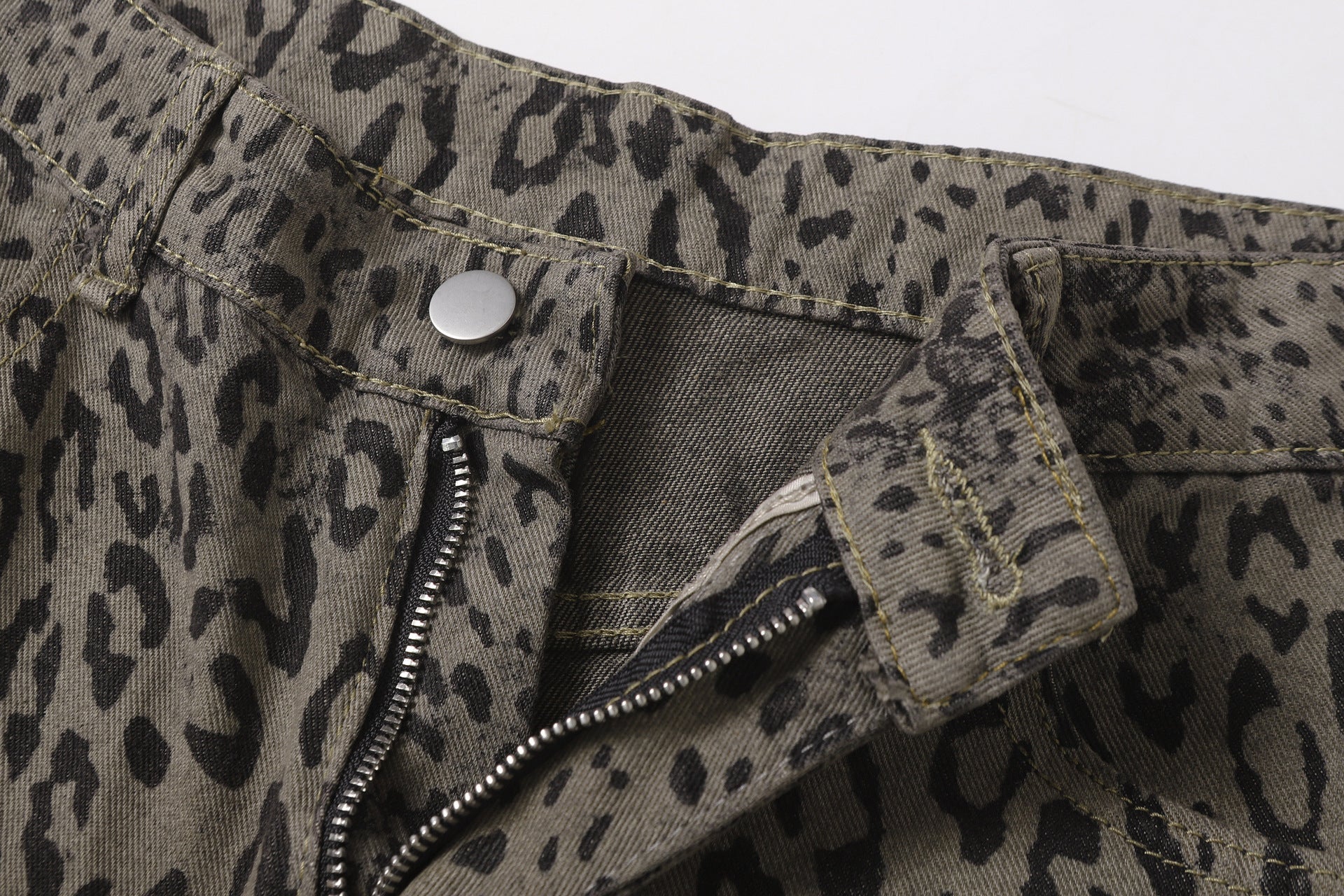 Leopard Print Curved Straight Wide Leg Denim Jeans