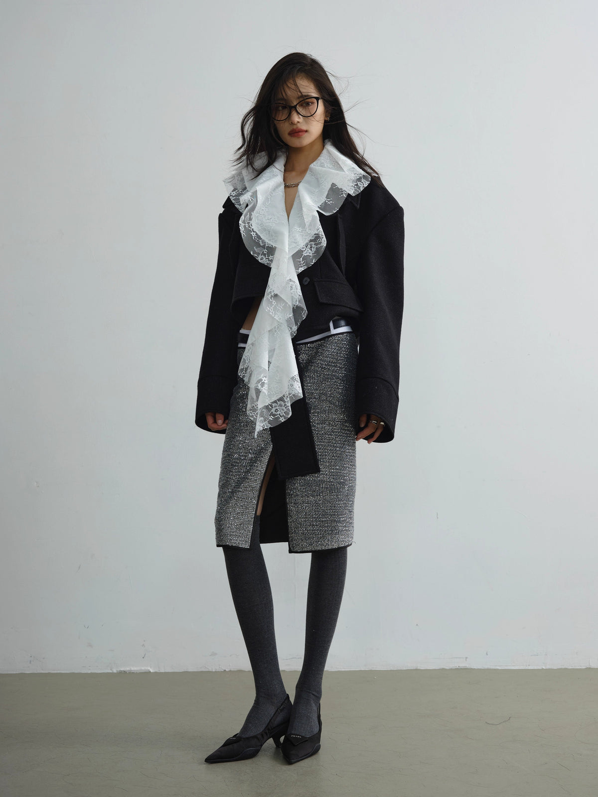Detachable Lace Ruffle Edge Asymmetric Jacket