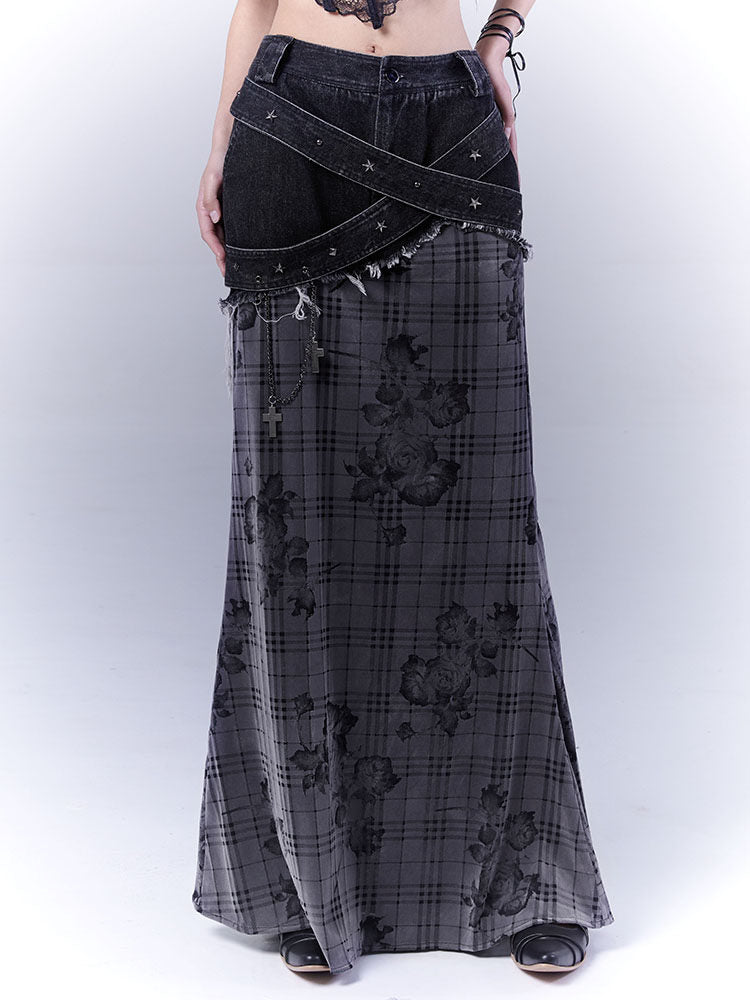Plaid Rose Low Saturation Denim Skirt