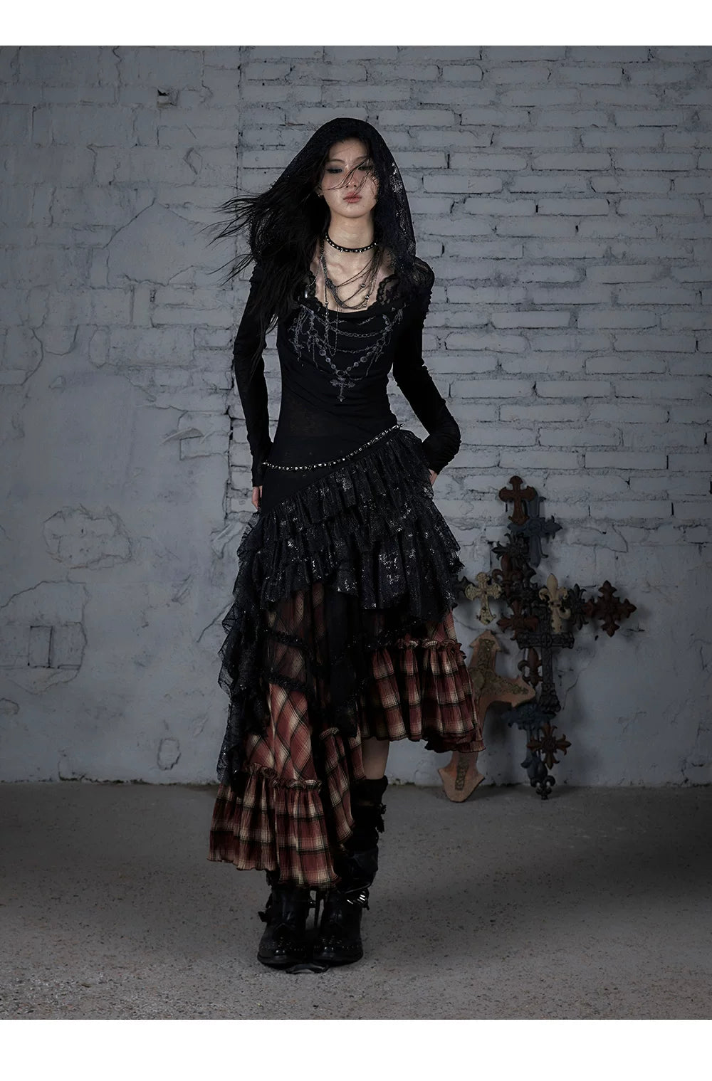 Lace Hooded Asymmetric Ruffle Dress