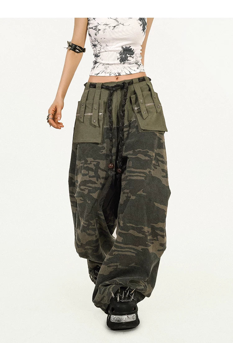 Heavy Craft Camouflage Multi-Pocket Wide Leg Cargo Pants