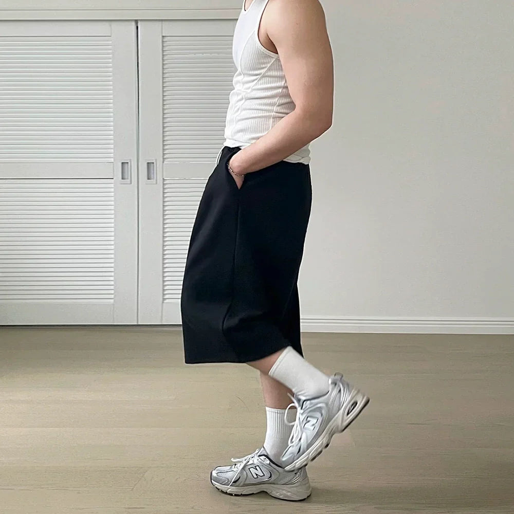 Solid Color Drawstring Wide Leg Half Sweatpants