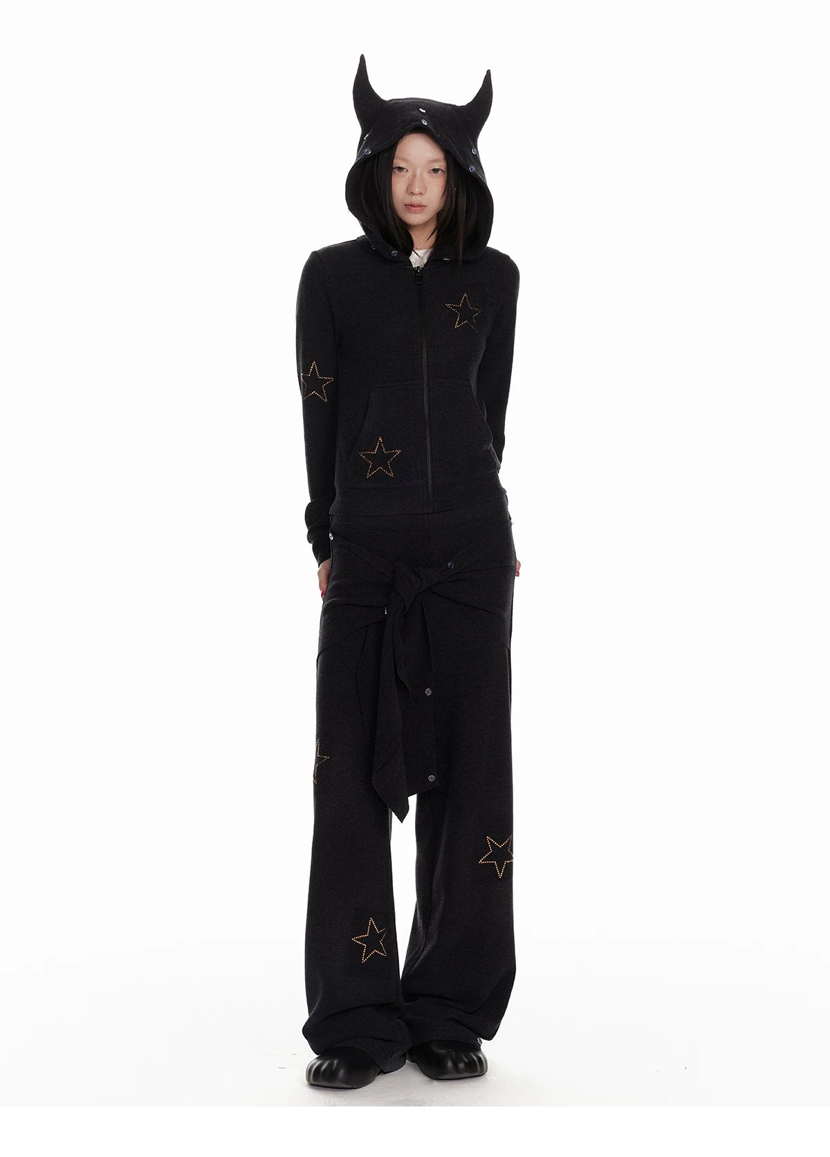 Horn Fur Collar Fuzzy Zipper Hoodie & Wide-Leg Pants Setup