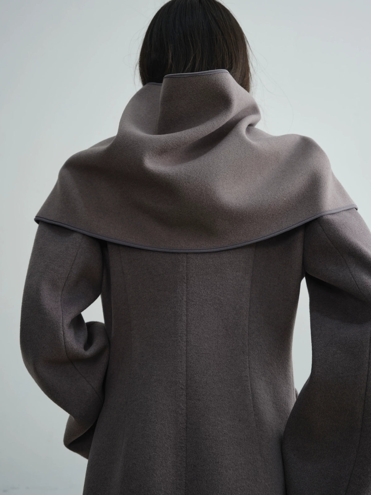 Collar Design Wool Long Coat With Scarf