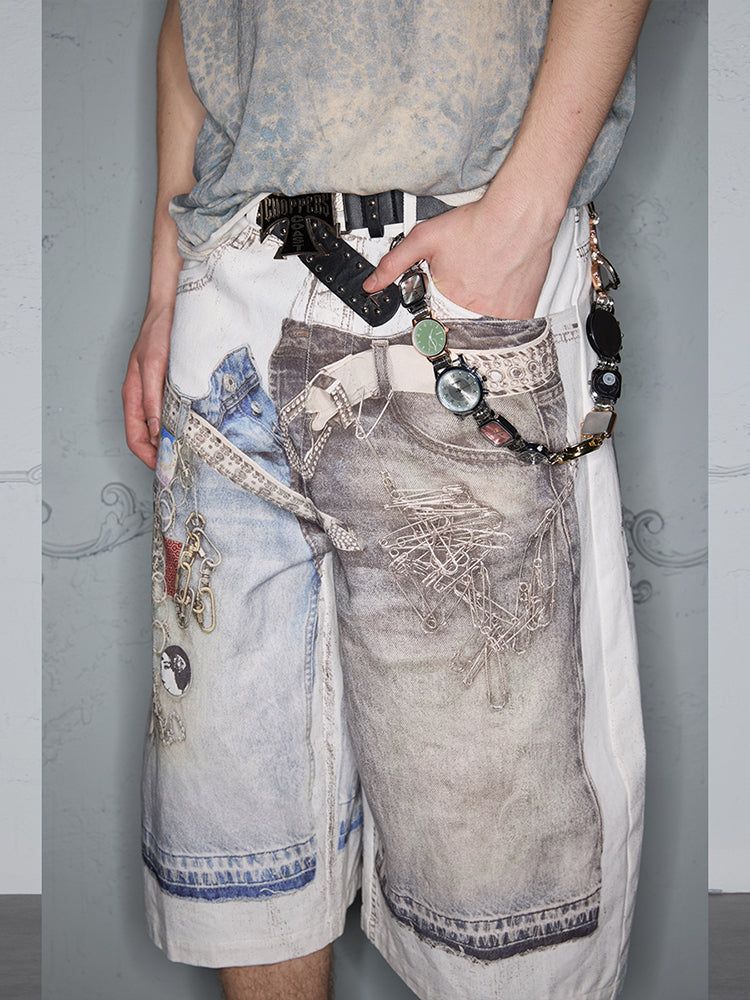3D Print Graphic Design Block Badge Denim Half Jeans
