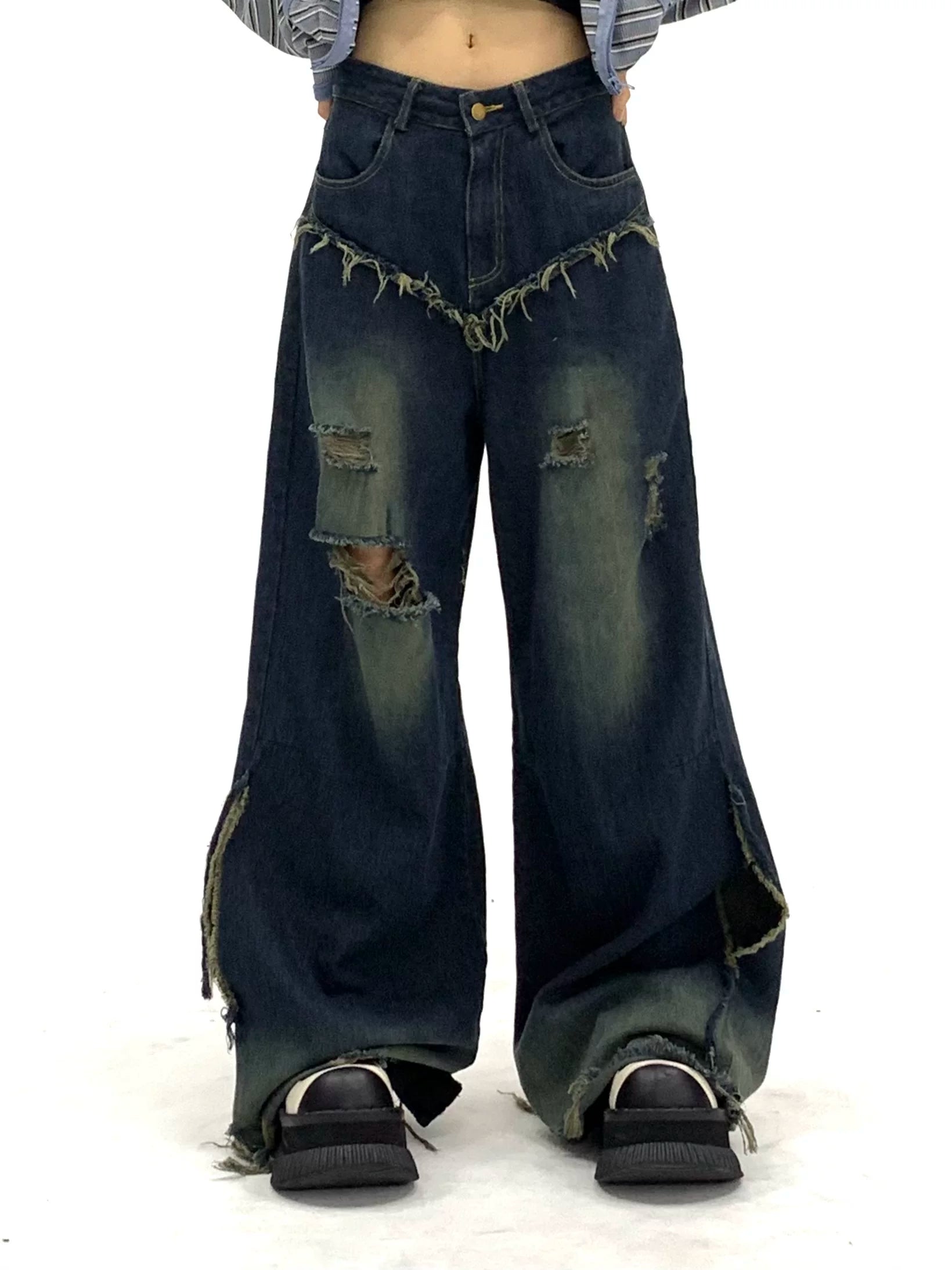 Washed Damage Fray Panel Wide Leg Denim Jeans