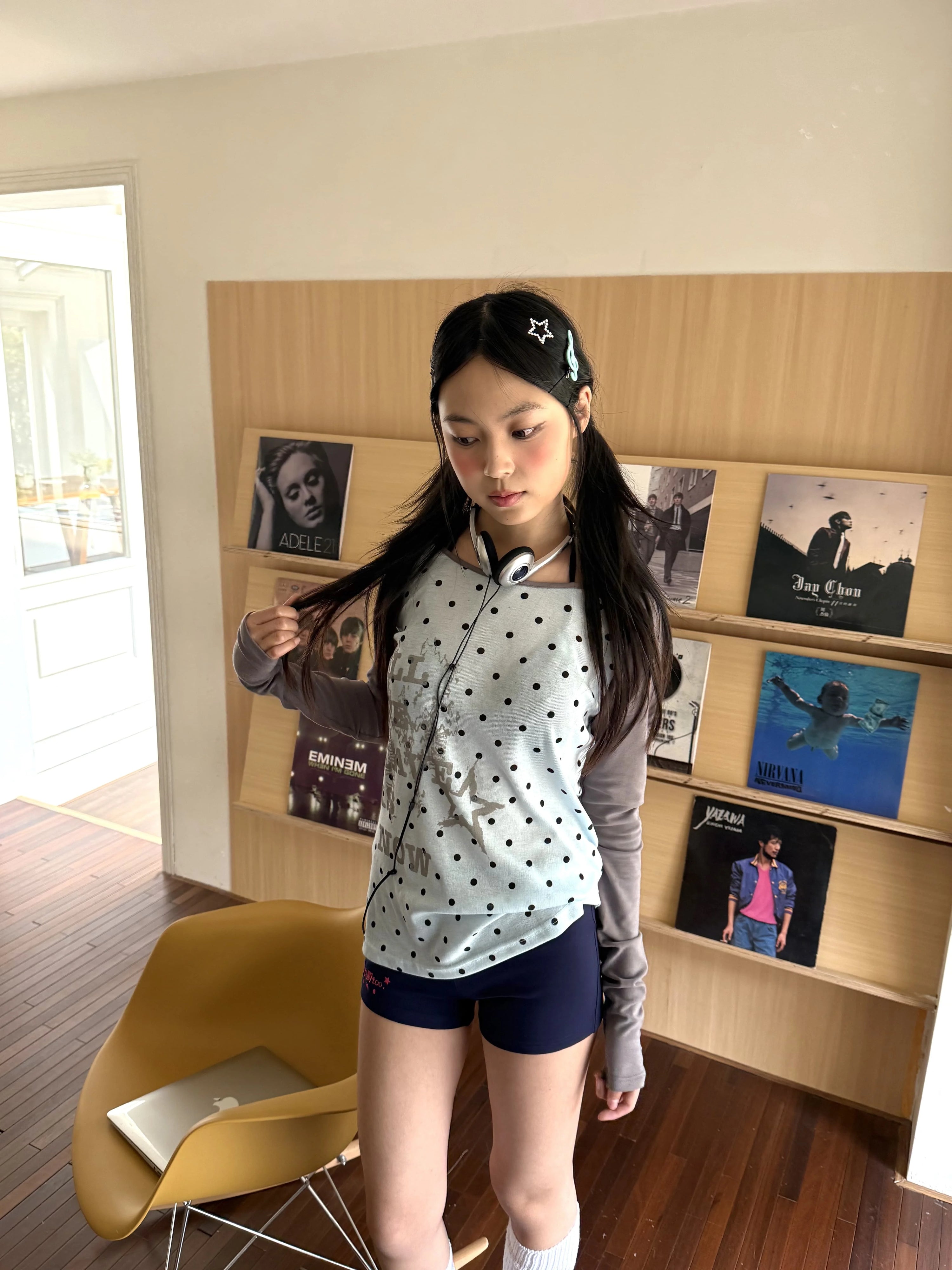 Polka Dot Letter Print Fake Layered Fitted Long Sleeve T-Shirt