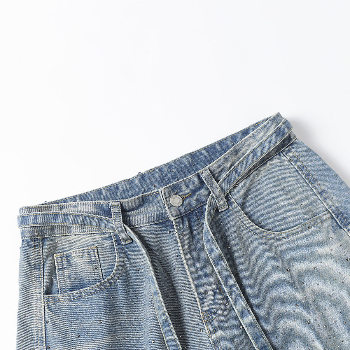 Rhinestone Drawstring Wide Leg Denim Jeans