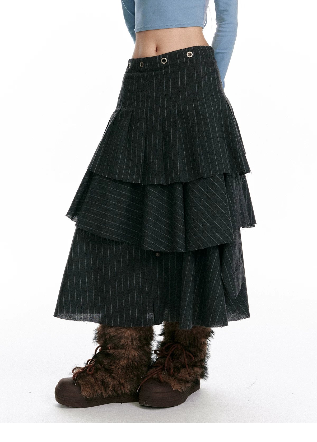 Textured Asymmetrical Striped Midi Ruffle Skirt
