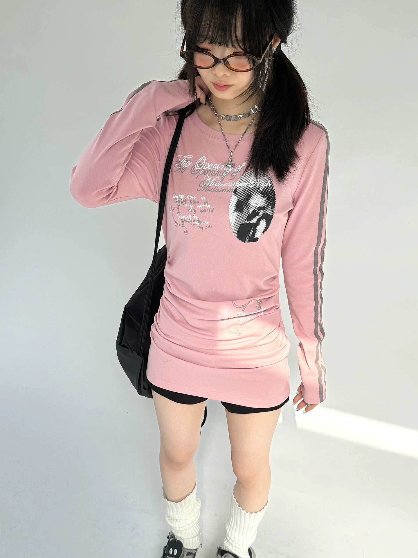 Stripe Sleeve Graphic Print Ruched Fitted Long T-Dress