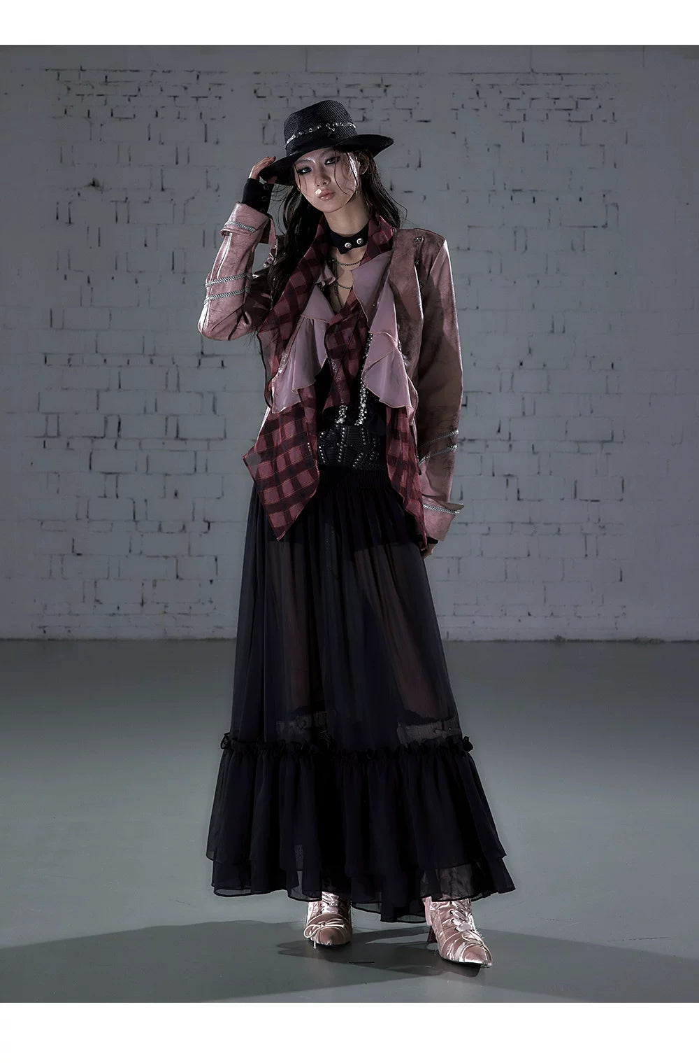 Ruffle Tie-Neck Slim Fit Long Sleeve Shirt