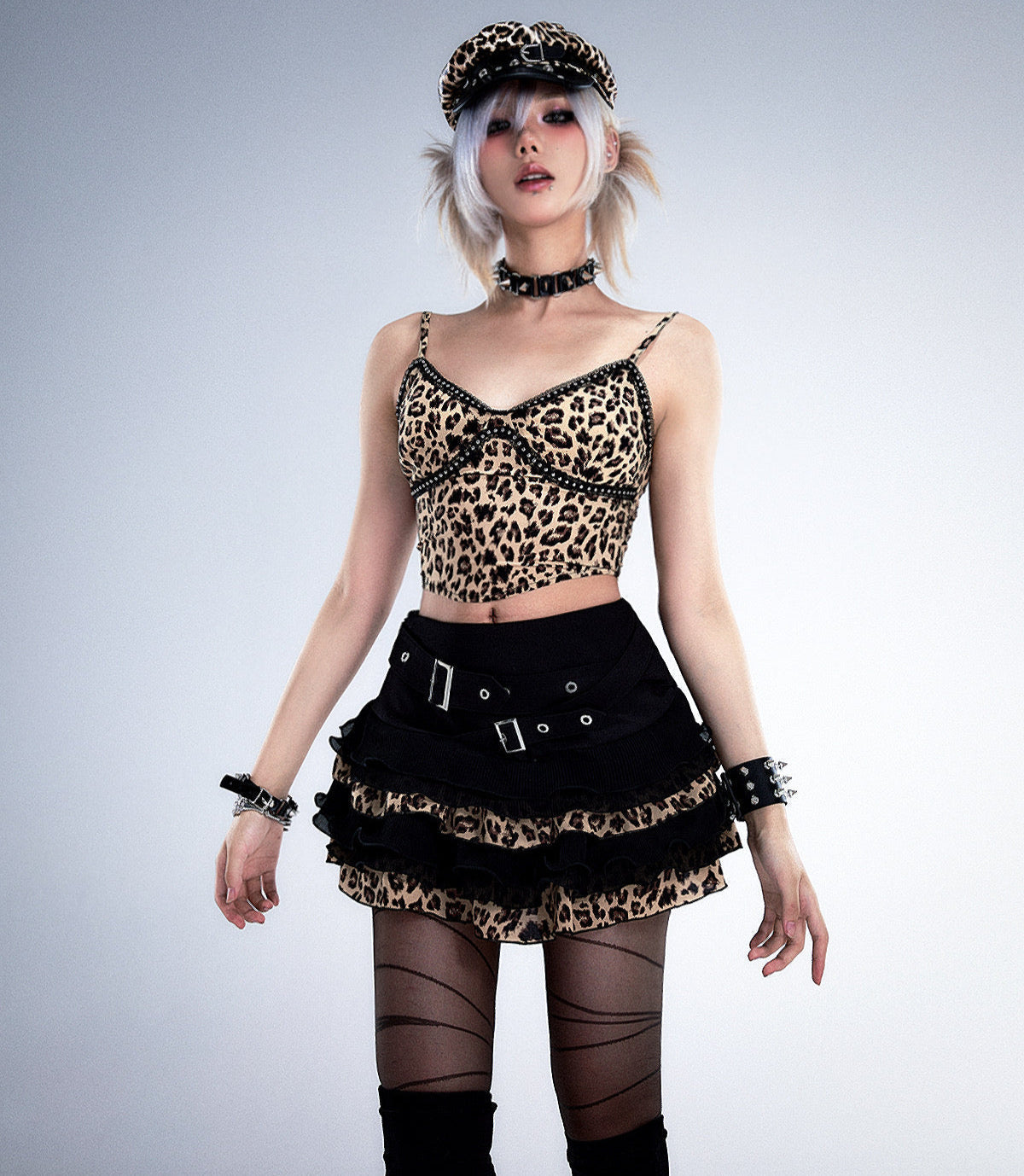 Leopard Patchwork Belted Tiered A-Line Skirt