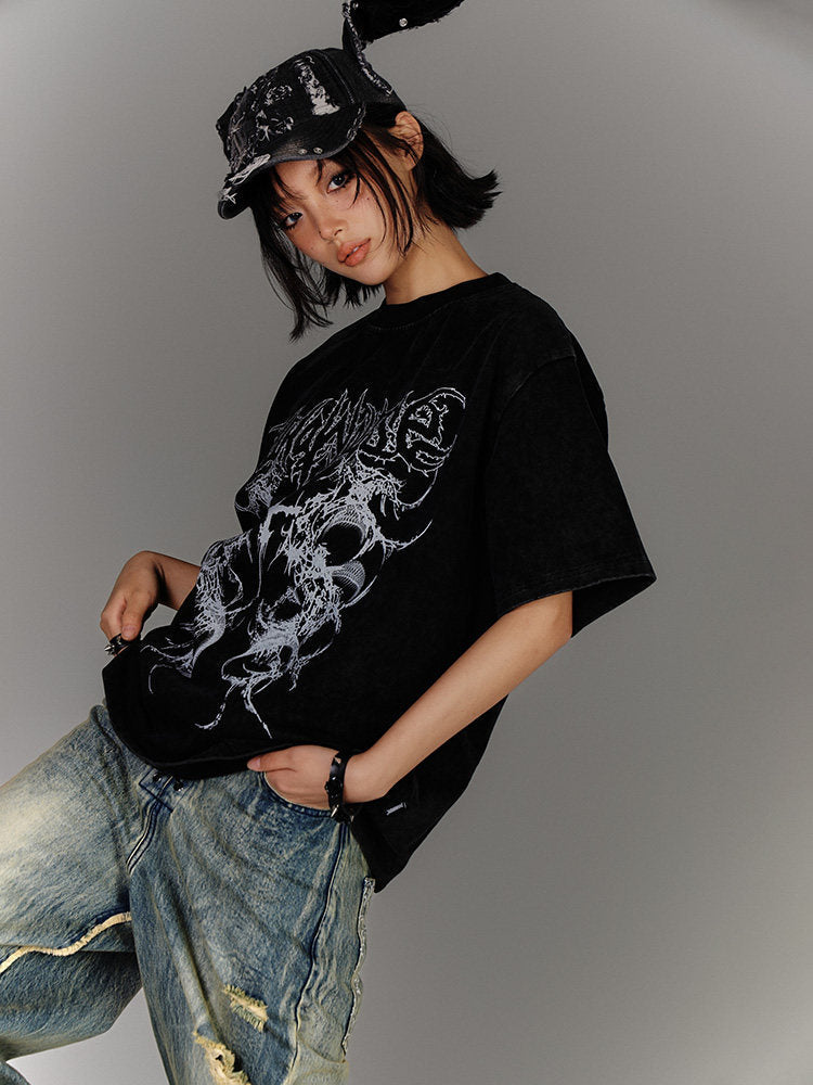 Washed Damage Oversize Short Sleeve T-Shirt & Spiderweb Mesh Long Sleeve Shirt