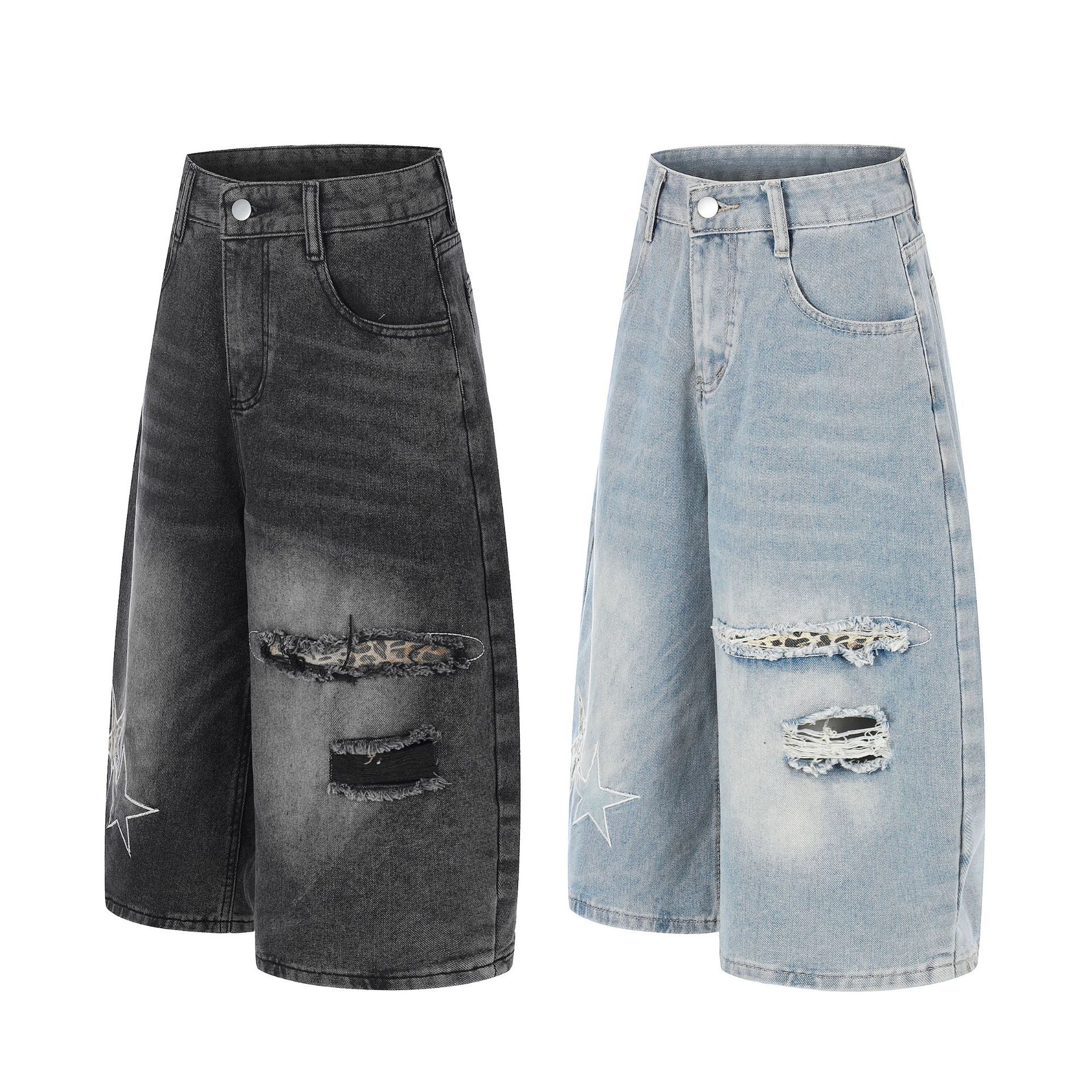 Star Patch Embroidery Curved Denim Jort